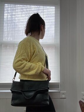 Tory Burch Block-T Fold-Over Satchel Black Pebbled Leather Crossbody